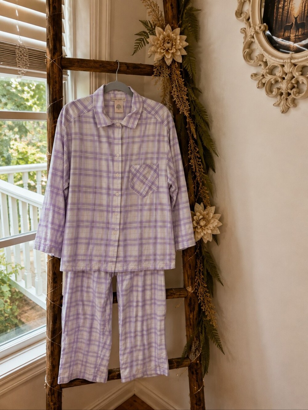 Vintage Laura Ashley Light Purple Plaid Button-Up Pajama Set Cotton Grandmacore